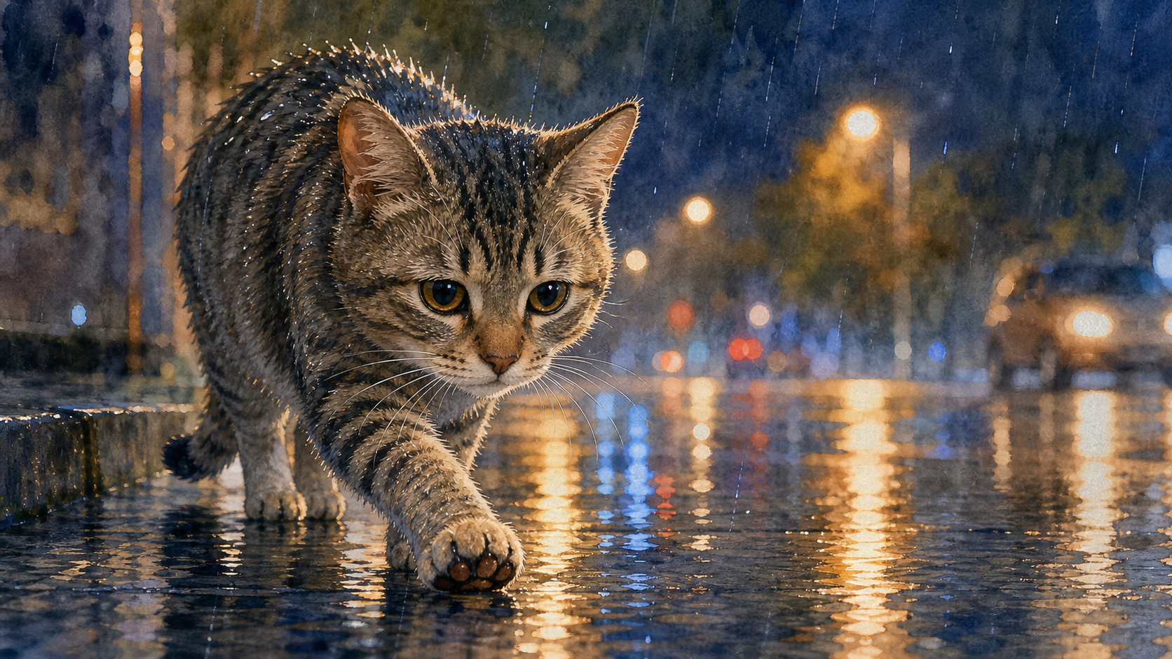 雨中一只湿漉漉的猫,肉垫踩在被雨水冲刷干净、反光的地面上。