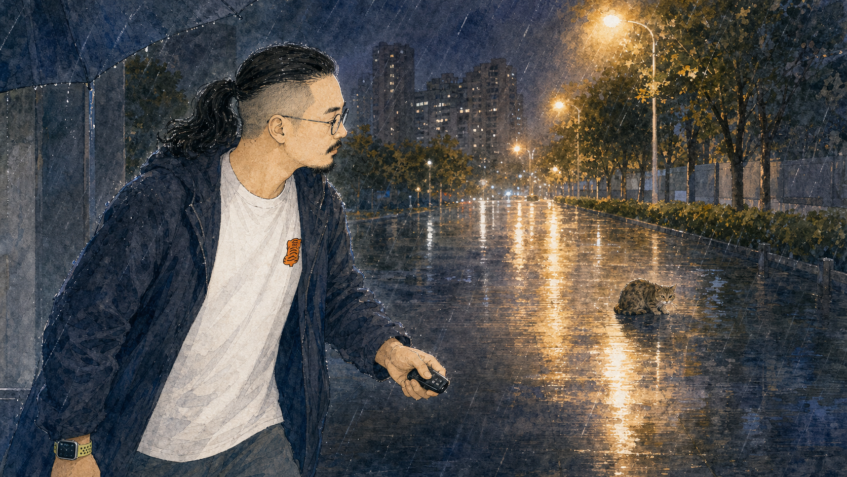 叙述者手握车钥匙从伞下走进雨里，冲破雨帘，前方雨中隐约有一只猫。