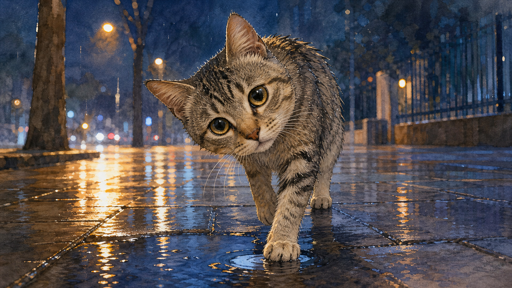 雨里的猫歪着头看向叙述者，小心翼翼地垫着爪子避开积水。