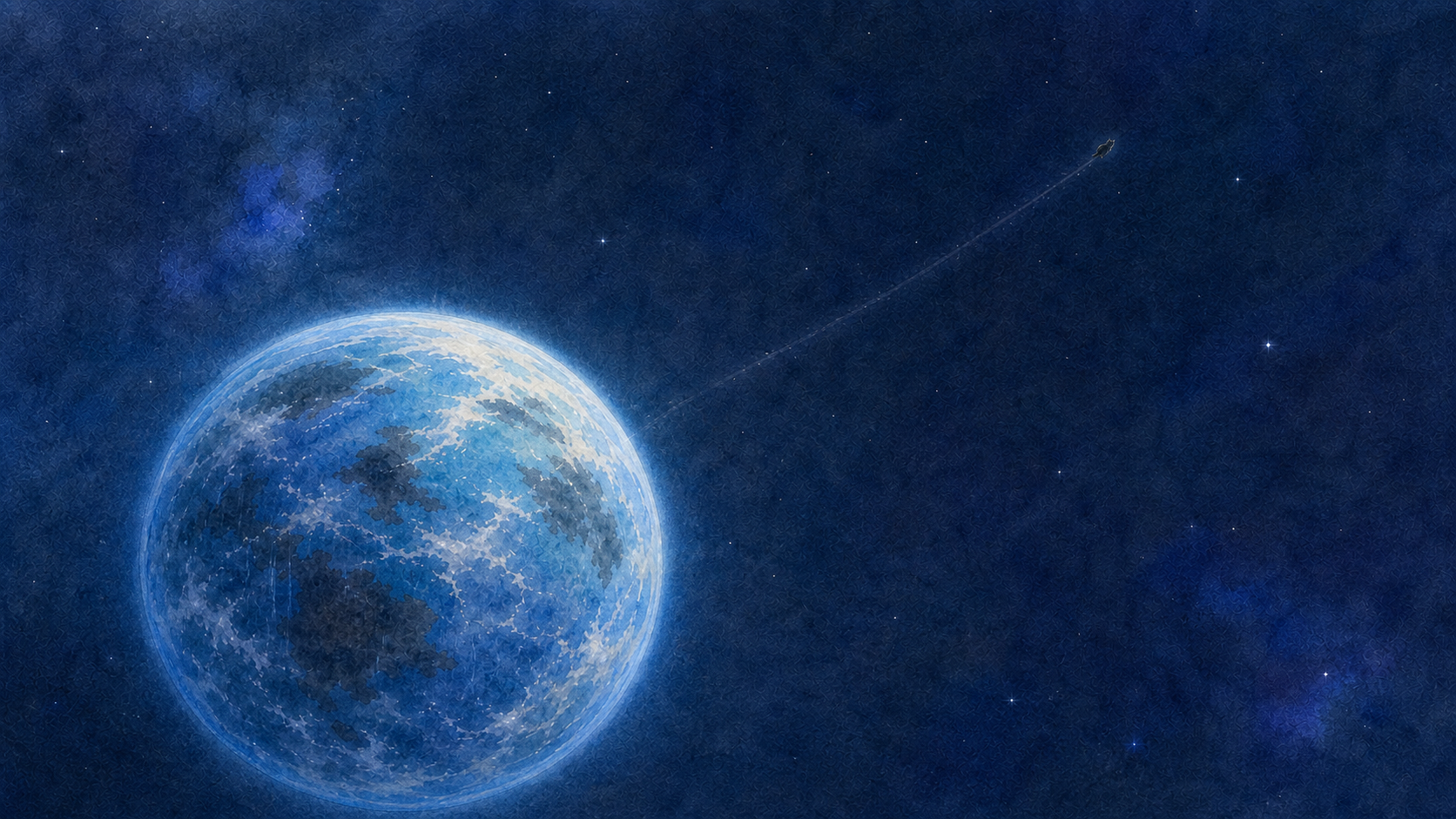从太空俯瞰猫刚离开的蔚蓝地球:漂浮着黑色的大陆、覆磨砂般的雨,猫是离开它越飞越小的一个小黑点。