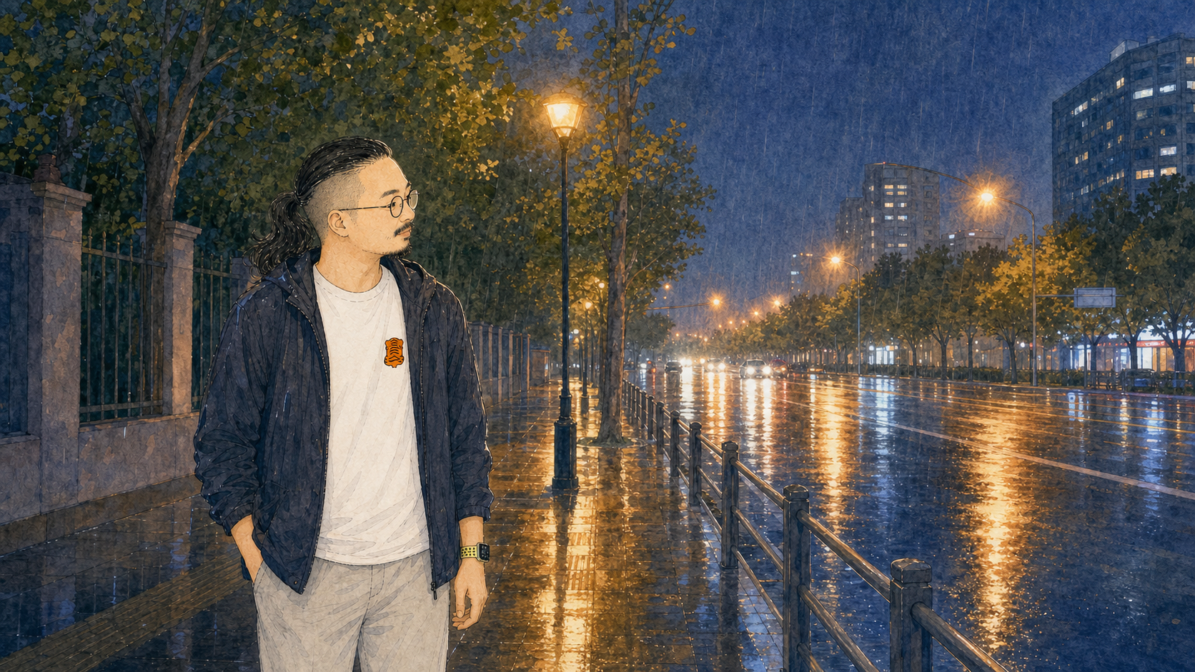 叙述者独自在雨夜里伫立片刻，沉浸在一种非现实感里。