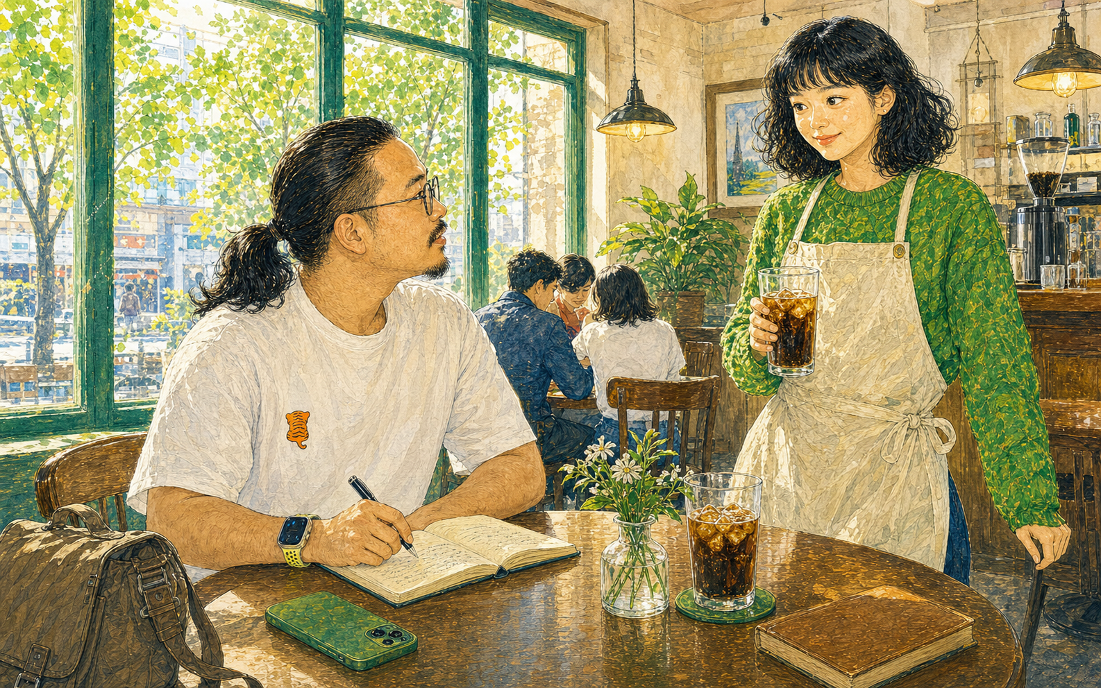 法蒂玛端来茉莉冷萃,叙述者坐在摄政咖啡馆写作。