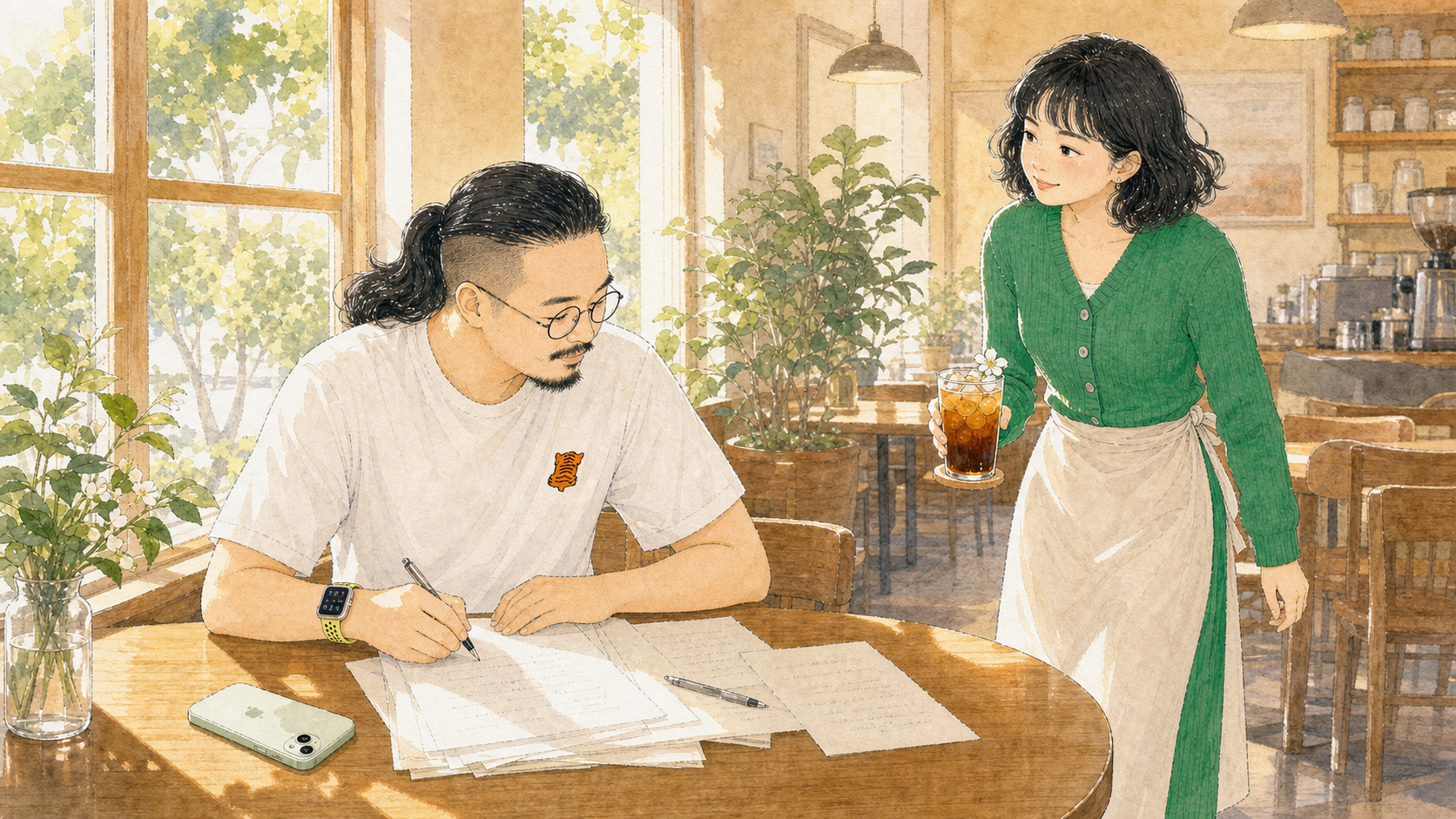 法蒂玛端来茉莉冷萃,叙述者坐在摄政咖啡馆写作。