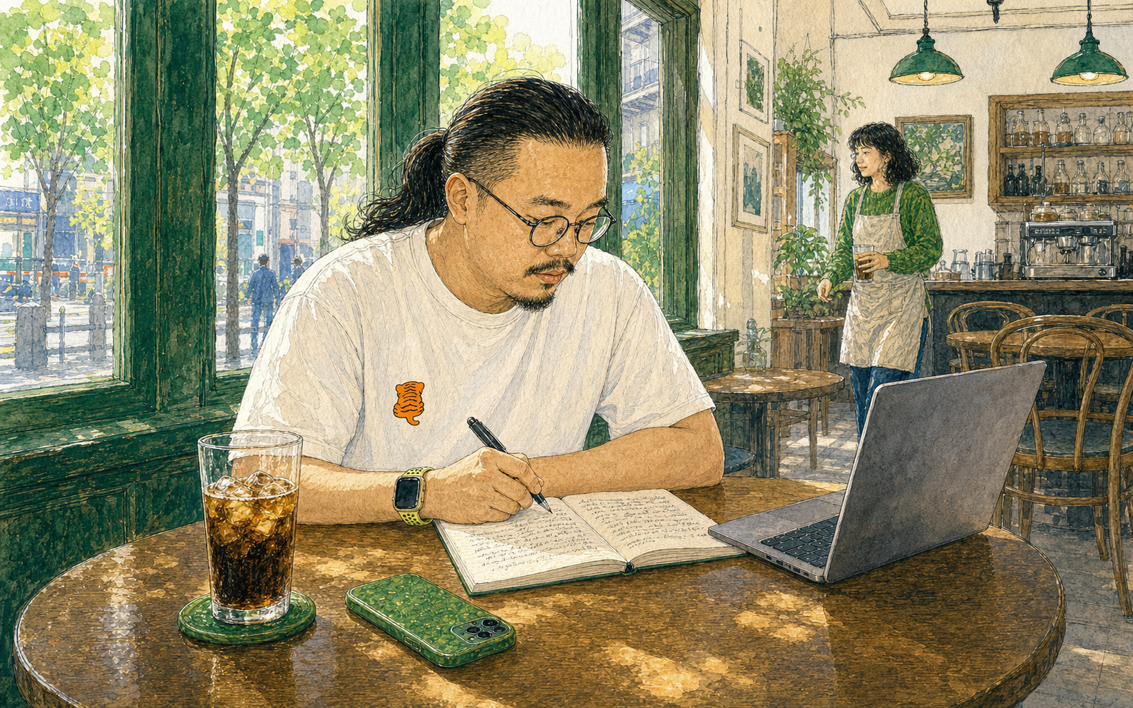 叙述者在摄政咖啡馆编写一本书。