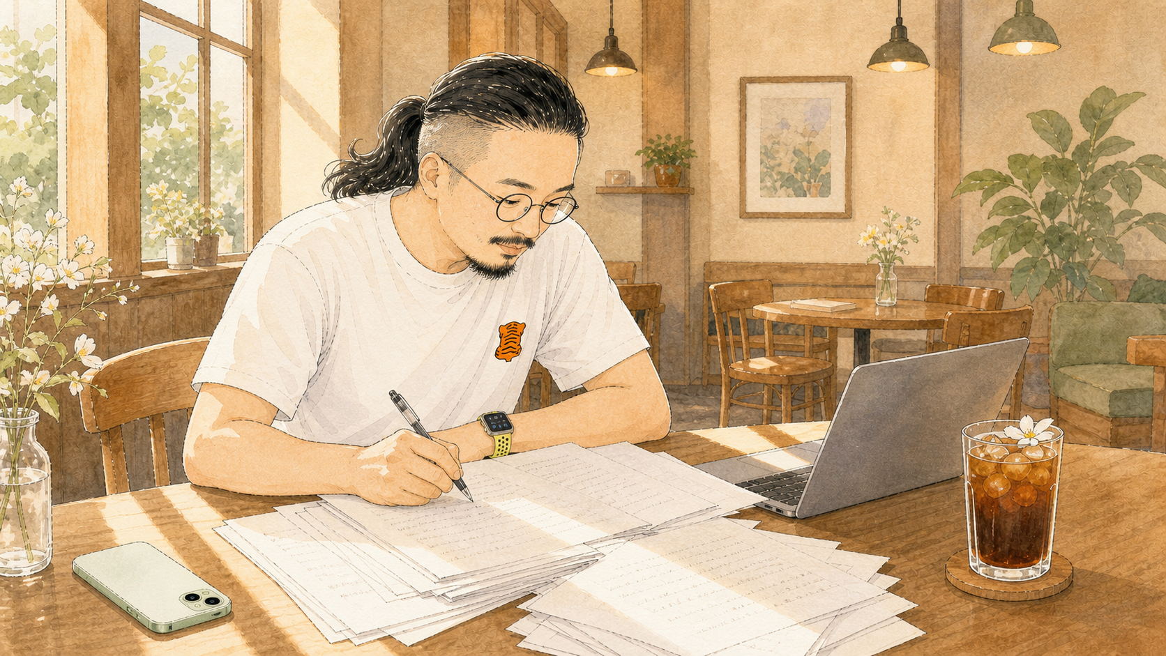 叙述者在摄政咖啡馆编写一本书。