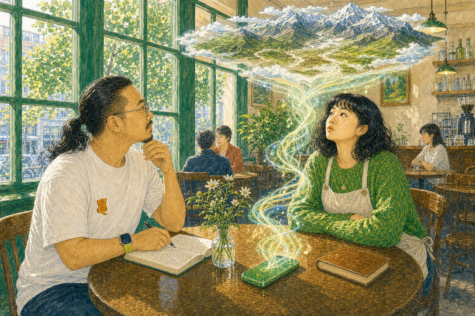 声波从绿色手机升起,在法蒂玛头顶形成青藏高原。