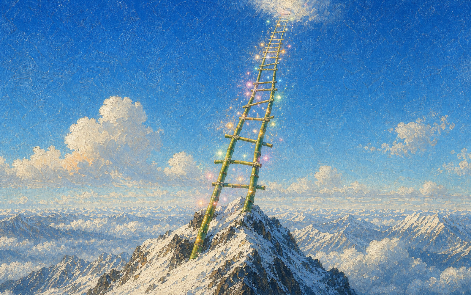 竹子天梯从雪山伸向天空,烟花光点一步步上升。