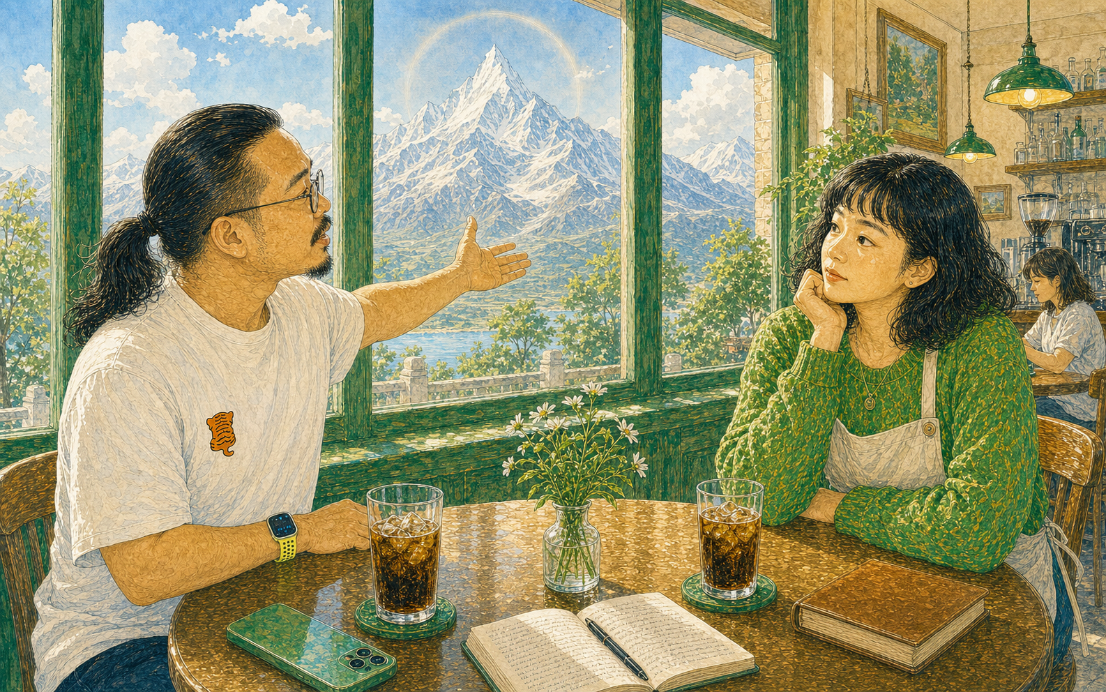 叙述者让法蒂玛批评自己不环保,窗外浮现神女一样的神山。