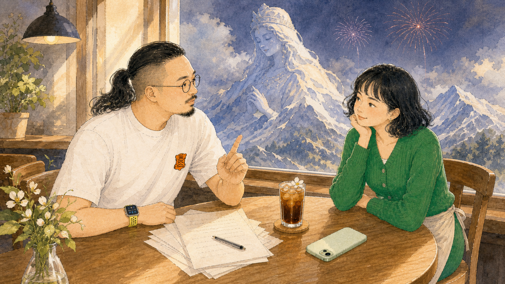 叙述者让法蒂玛批评自己不环保,窗外浮现神女一样的神山。