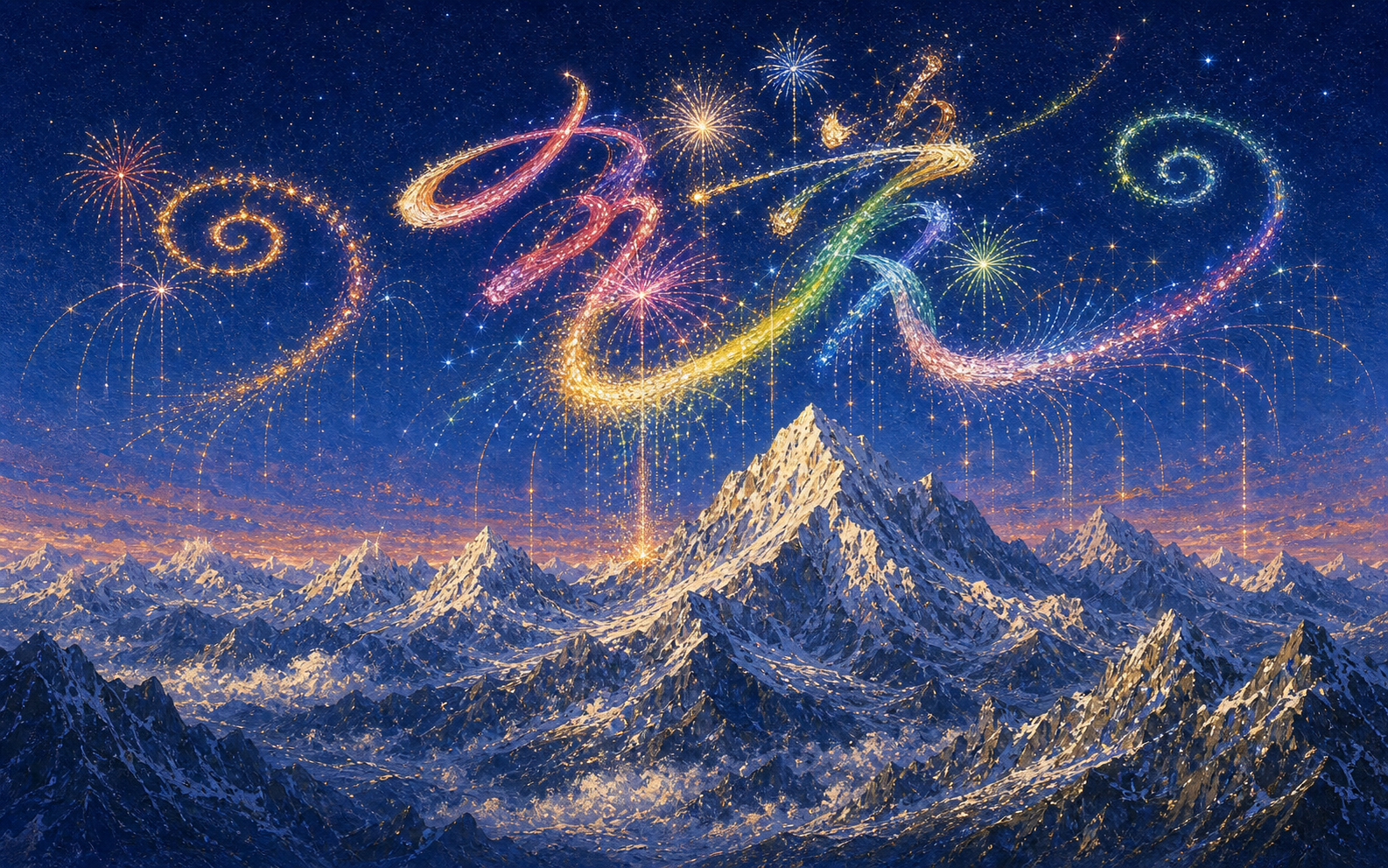 当代艺术式烟花光迹在喜马拉雅夜空中展开。