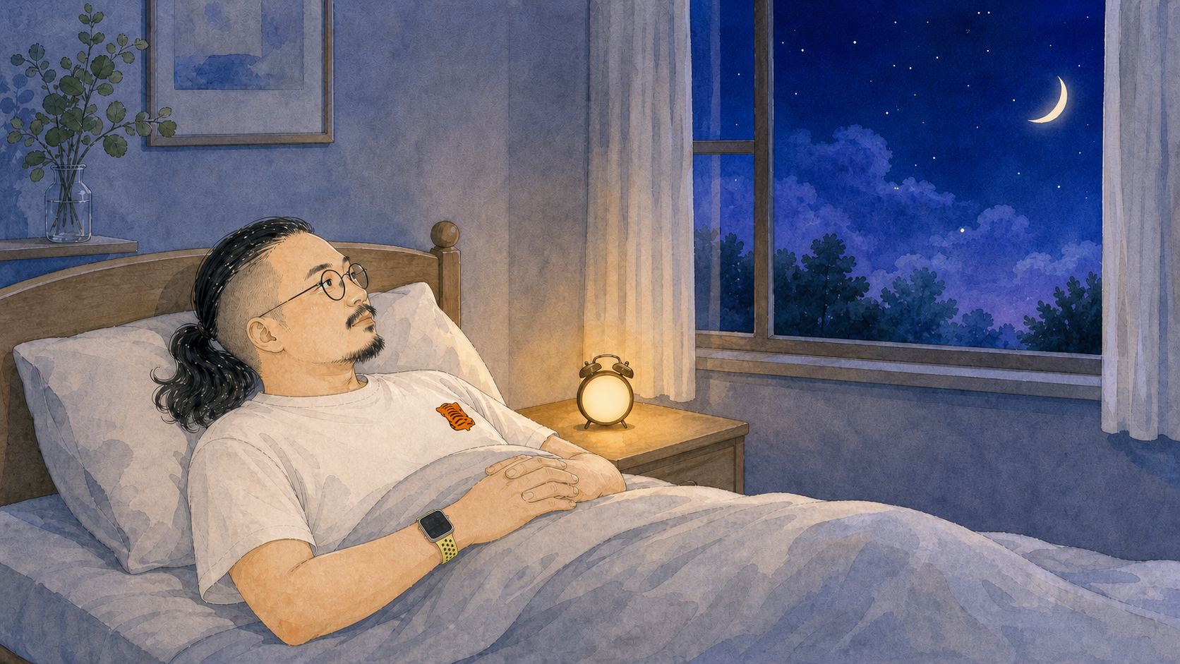 午夜的卧室,闹钟睁着眼睛躺在床上睡不着。