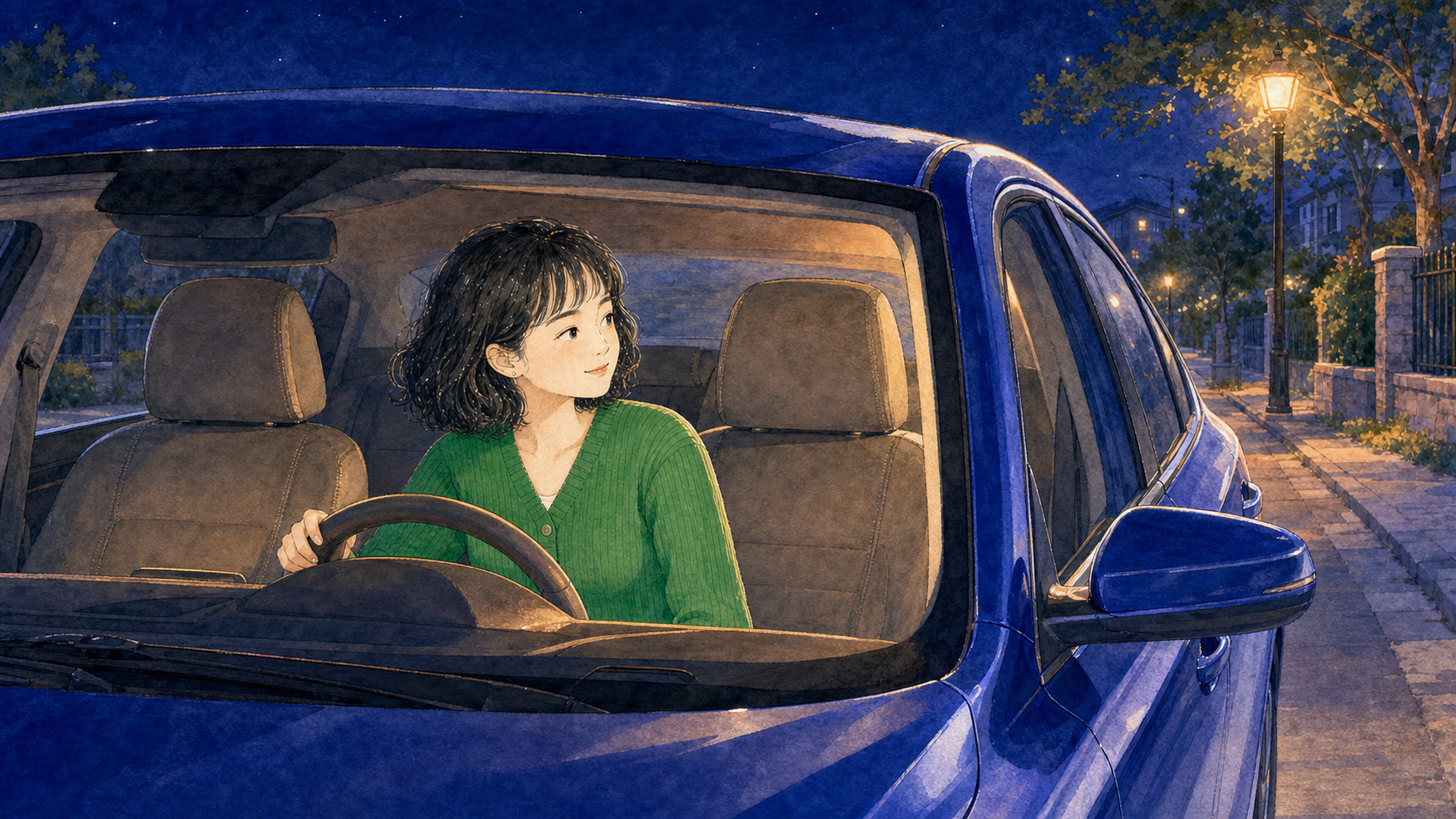 夜里，沈红坐在蓝色轿车的驾驶座上等乘客。