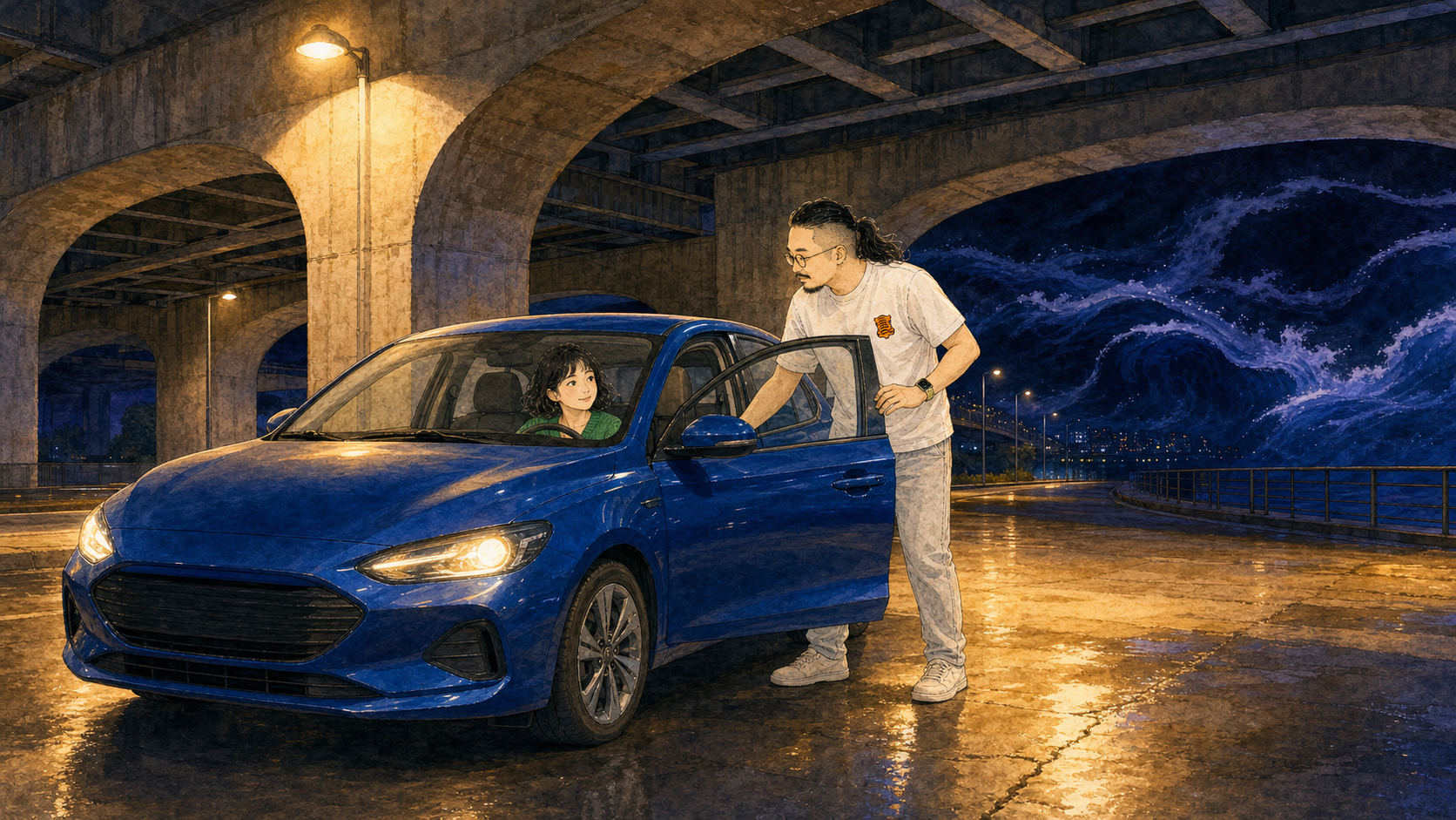 彩虹桥下,闹钟拉开副驾车门上车,桥外黑暗像海浪涌来。