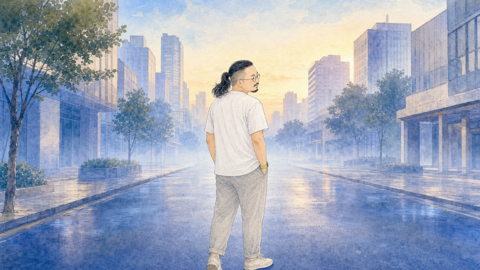 清晨空荡的街上，闹钟独自站着，蓝色薄雾弥漫。