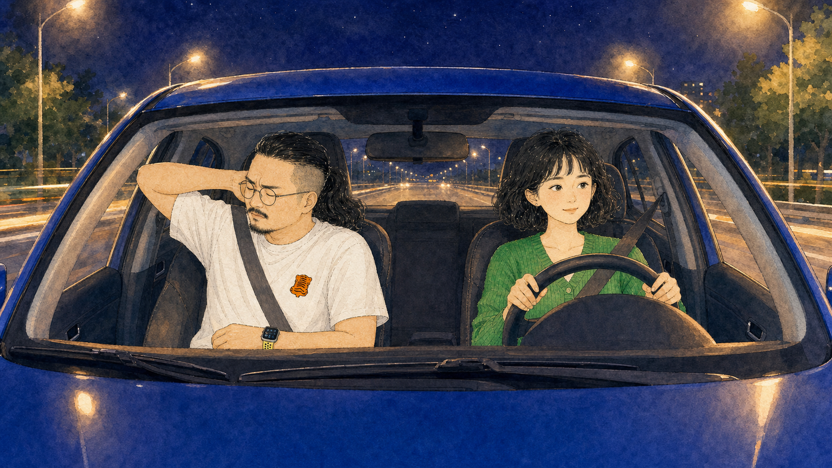 闹钟在副驾上闭着眼睛烦躁地翻来覆去,街灯流过车窗。