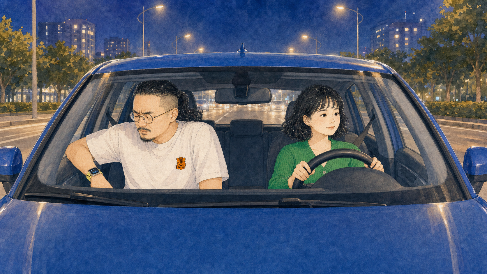 闹钟在副驾上闭着眼睛烦躁地翻来覆去,街灯流过车窗。