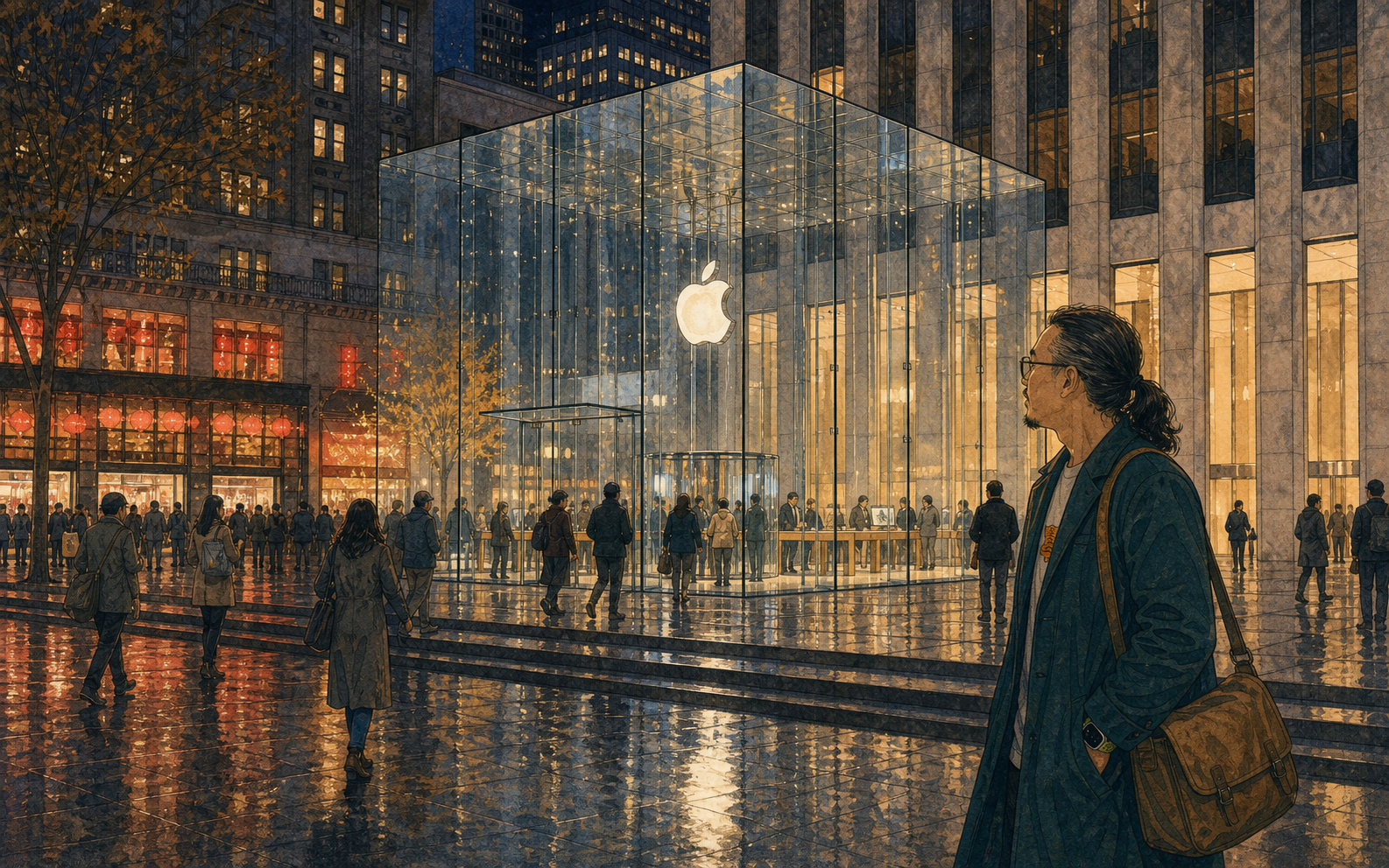 夜晚现实中的 Apple Store 5th Ave，玻璃上有工业状光线。