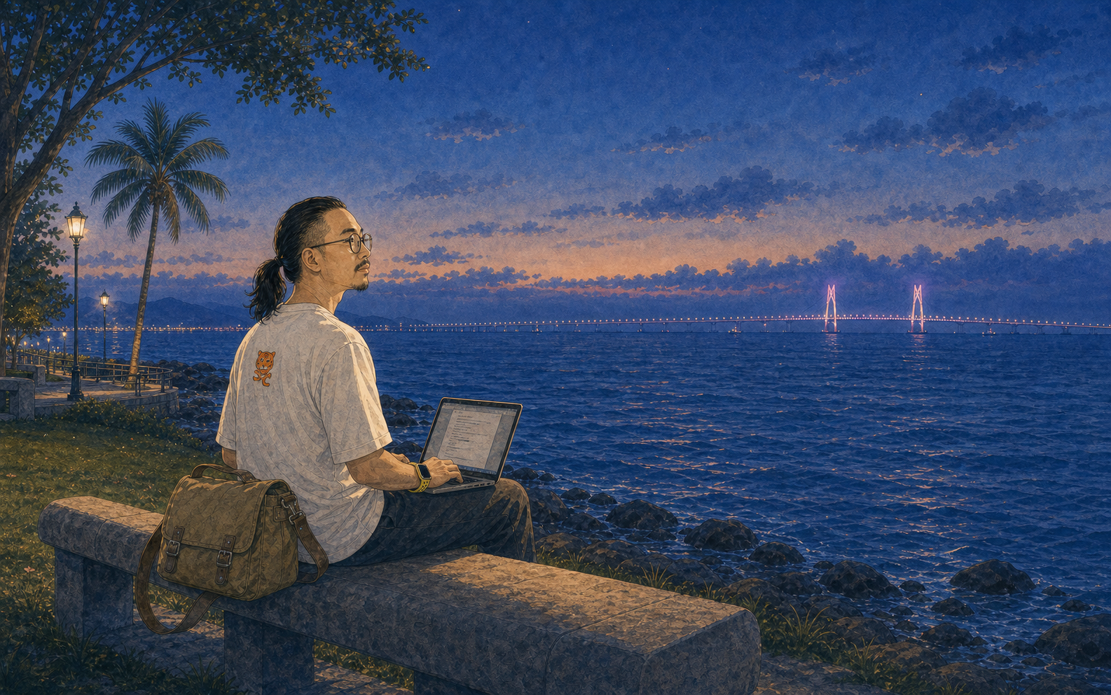 封面:珠海海边公园,主角坐在石凳上面朝大海。