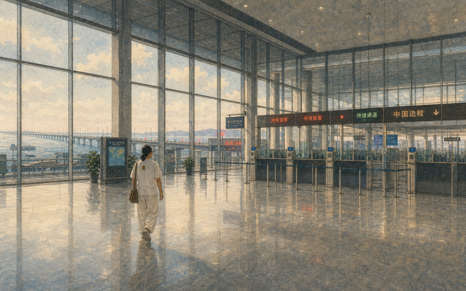 珠海口岸空旷的入关大厅,远处可见港珠澳大桥。