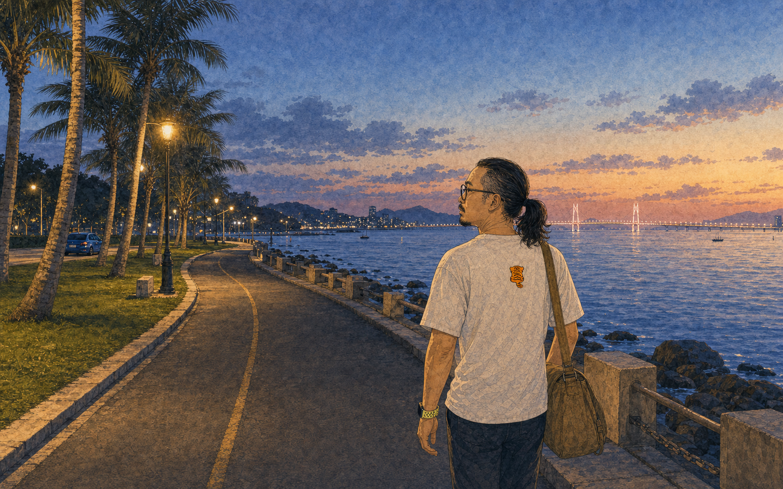 傍晚的海边回家路。