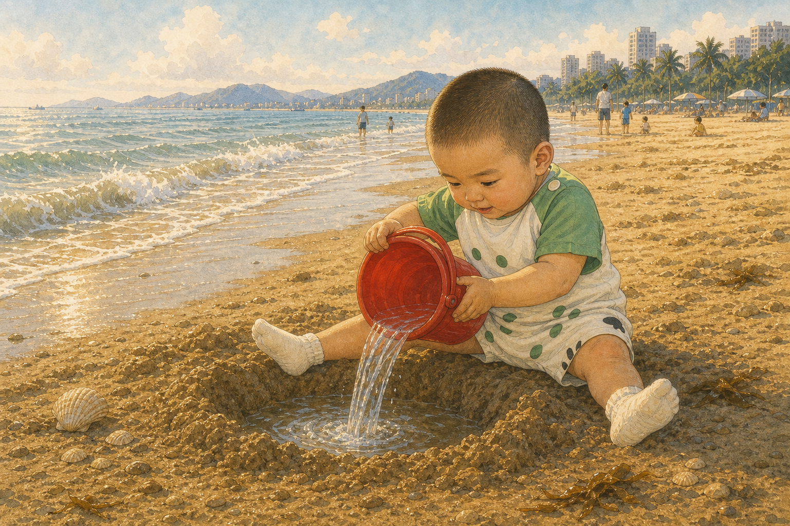 小男孩拎着红色小桶，把海水灌进沙洞。